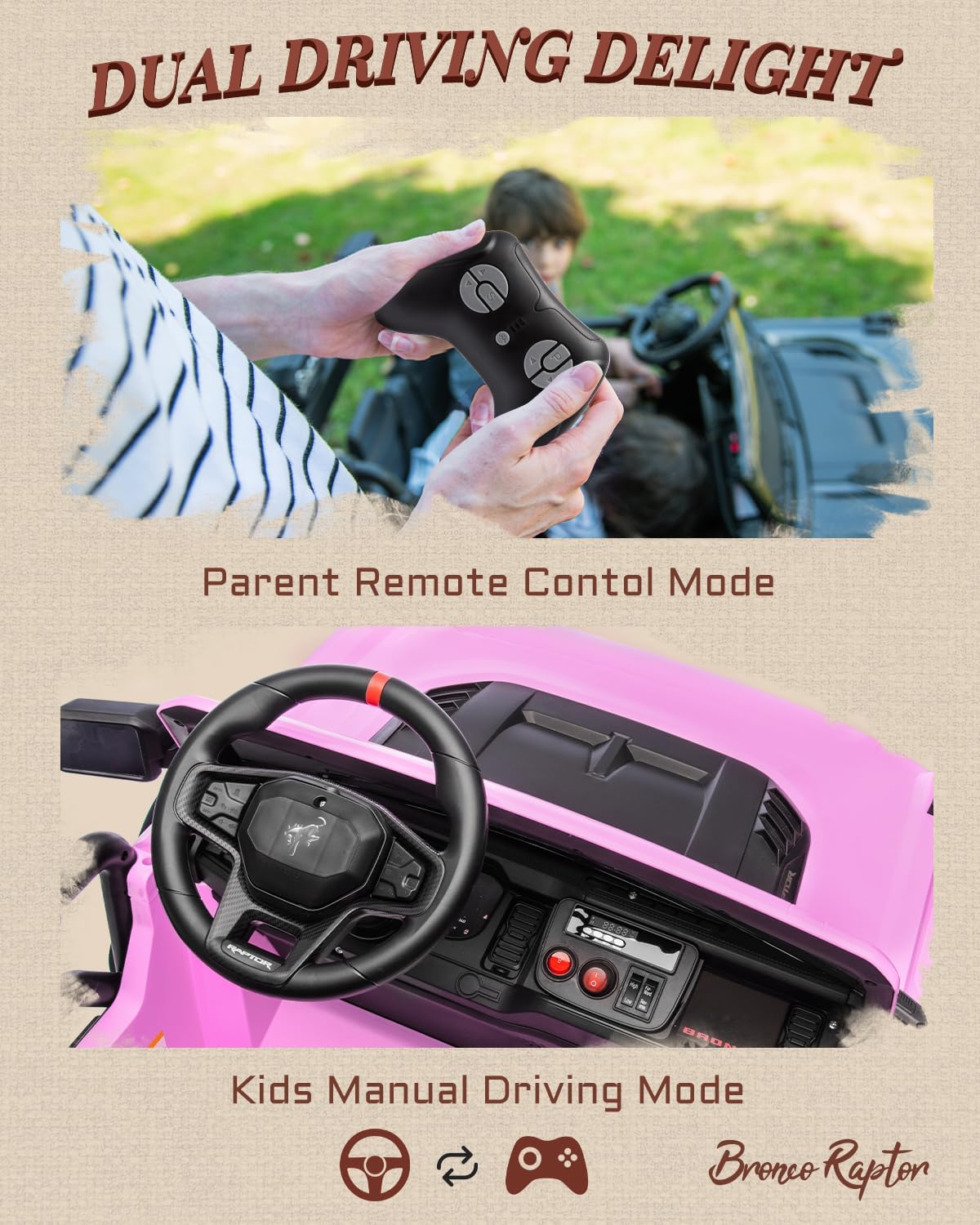 24V Ride on Toys for Big Kids, Licensed Ford Bronco Raptor 2 Seater Ride on Cars with Remote Control